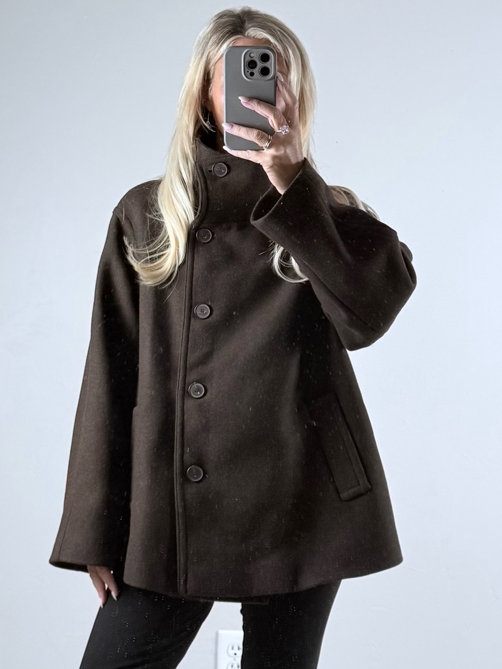 Zara Dark Brown Wool Pea Coat with High Collar